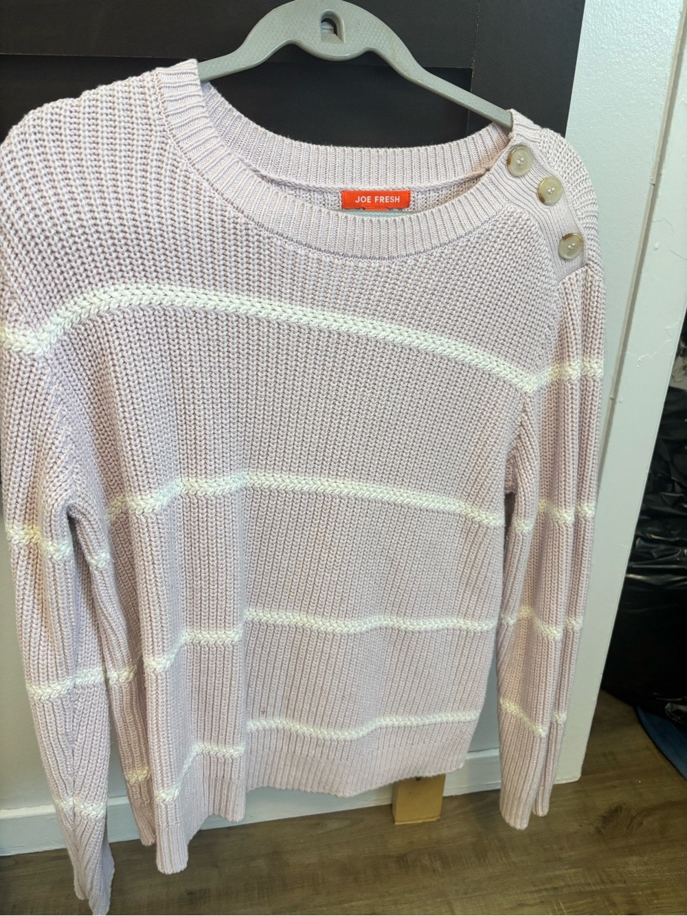 Joe Fresh Light Pink & White Striped Crewneck Sweater with Shoulder Buttons